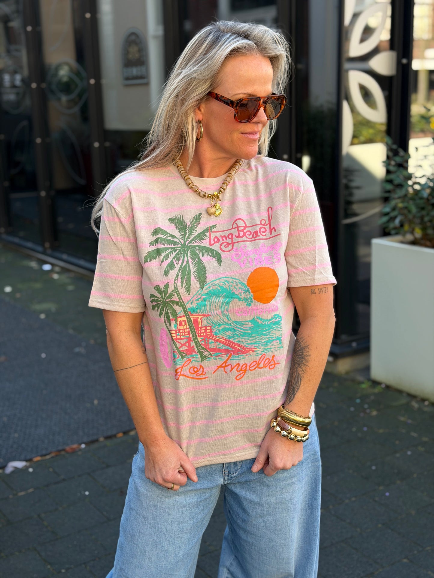 T-shirt stripe beige long beach