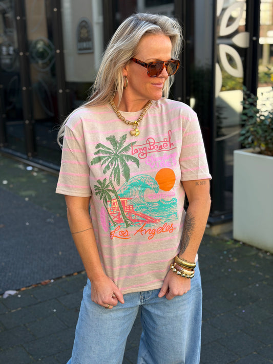 T-shirt stripe beige long beach