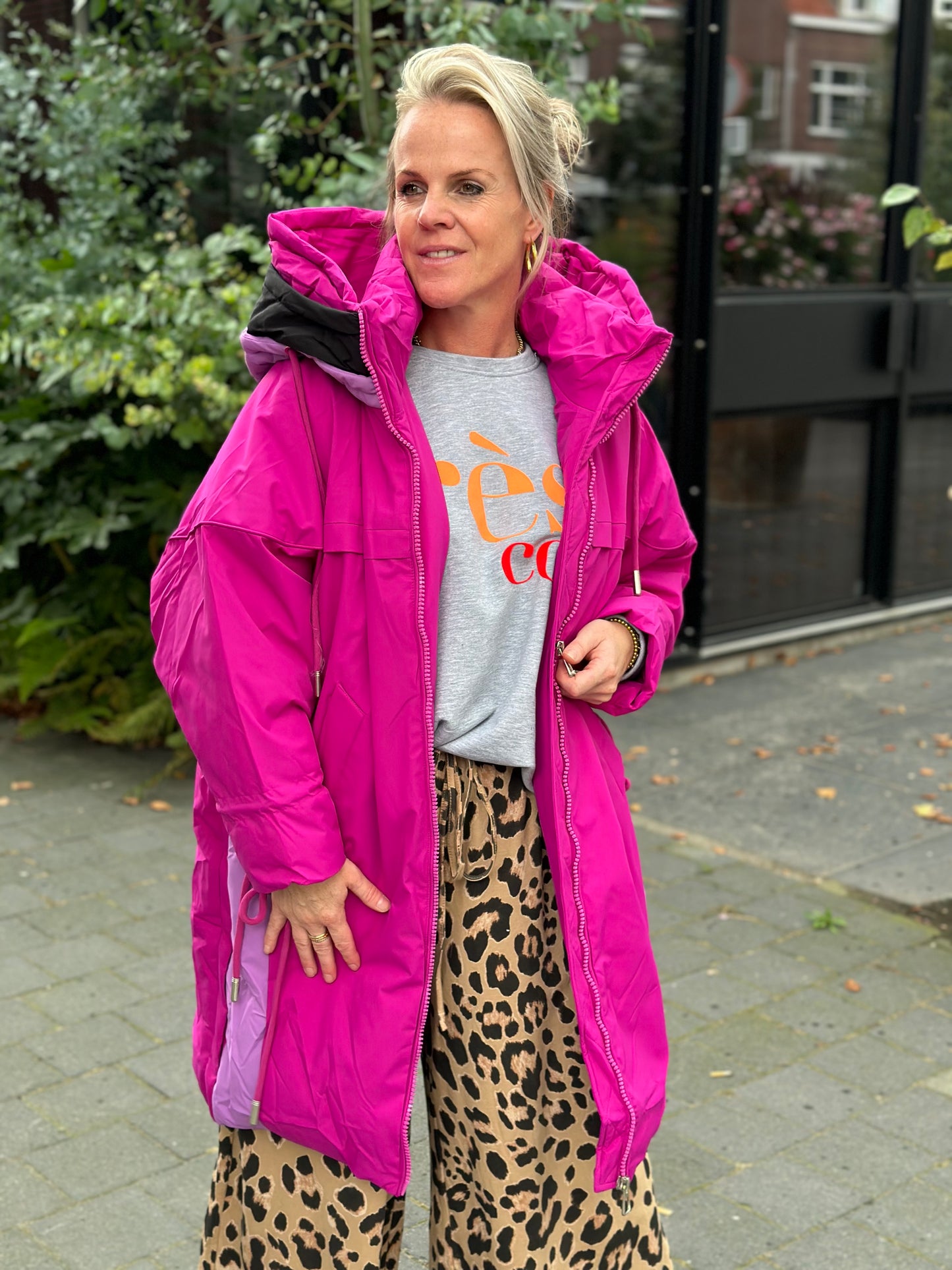 Fanny dons parka vivid fuchsia